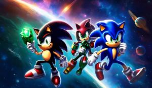 Shadow the hedgehog and sonic the hedgehog holding the master emerald in space