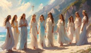 six Austrian girls and four Italian girls to a beach in Liguria with a mountain slope. All wearing summer clothes and a crucifix