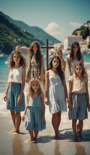 six Austrian girls and four Italian girls to a beach in Liguria with a mountain slope. All wearing summer clothes and a crucifix