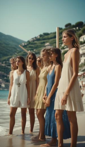 six Austrian girls and four Italian girls to a beach in Liguria with a mountain slope. All wearing summer clothes and a crucifix