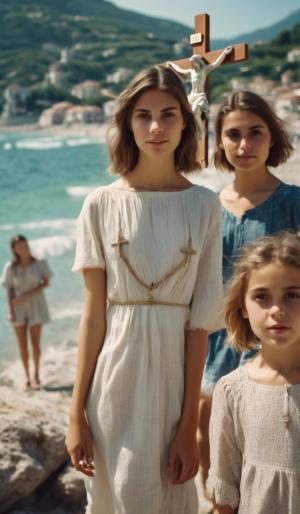 six Austrian girls and four Italian girls to a beach in Liguria with a mountain slope. All wearing summer clothes and a crucifix