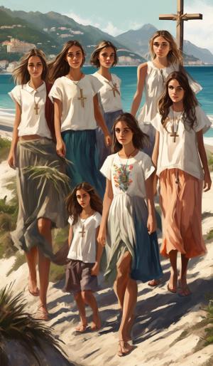 six Austrian and four Italian teenage girls to a beach in Liguria with a mountain slope. All wearing summer clothes and a crucifix