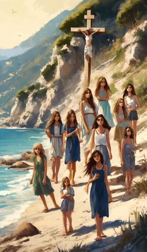 six Austrian and four Italian teenage girls to a beach in Liguria with a mountain slope. All wearing summer clothes and a crucifix