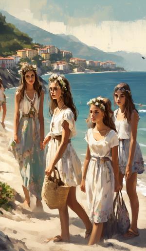 six Austrian and four Italian teenage girls to a beach in Liguria with a mountain slope. All wearing summer clothes and a crucifix