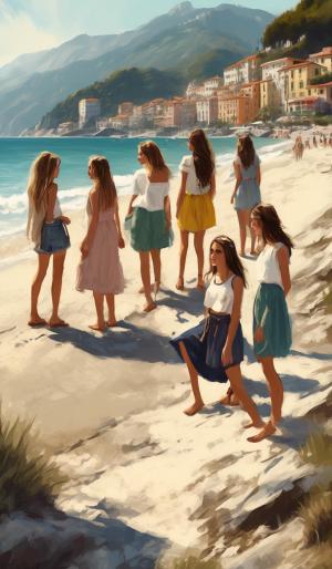 six Austrian and four Italian teenage girls to a beach in Liguria with a mountain slope. All wearing summer clothes and a crucifix