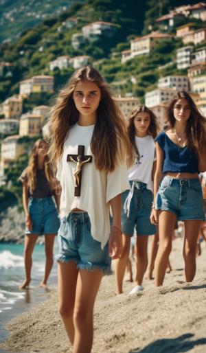 six Austrian and four Italian teenage girls to a beach in Liguria with a mountain slope. All wearing summer clothes and a crucifix