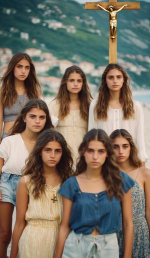 six Austrian and four Italian teenage girls to a beach in Liguria with a mountain slope. All wearing summer clothes and a crucifix