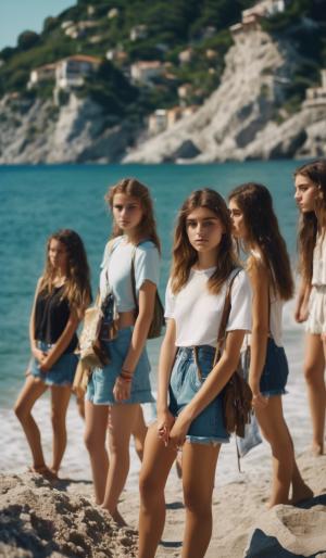 six Austrian and four Italian teenage girls to a beach in Liguria with a mountain slope. All wearing summer clothes and a crucifix