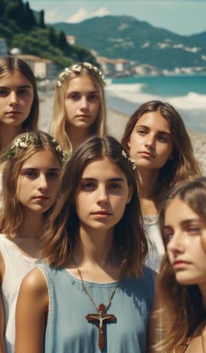 six Austrian and four Italian teenage girls to a beach in Liguria with a mountain slope. All wearing summer clothes and a crucifix