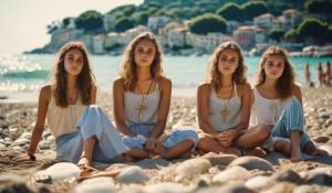 six Austrian and four Italian teenage girls are standing, sitting or lying on a beach in Liguria. All are wearing summer beach clothes and a small crucifix