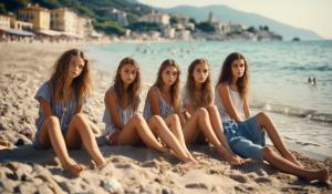 six Austrian and four Italian teenage girls are standing, sitting or lying on a beach in Liguria. All are wearing summer beach clothes and a small crucifix