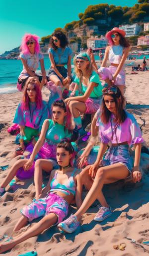 six Austrian and four Italian teenage girls are standing, sitting or lying on a beach in Liguria. All are wearing summer beach clothes and a small crucifix