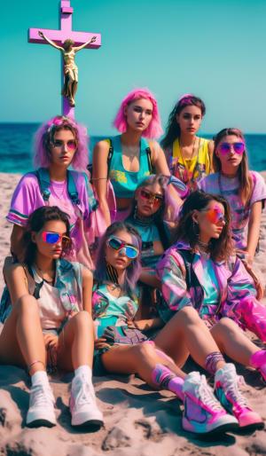 six Austrian and four Italian teenage girls are standing, sitting or lying on a beach in Liguria. All are wearing summer beach clothes and a small crucifix