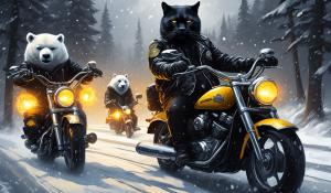 Draw a big black cat with big yellow eyes wearing a black leather bomber jacket and helmet riding a flaming Harley Davidson motorcycle down an iced road with polar bears and pandas looking on while in a blizzard