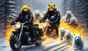 Draw a big black cat with big yellow eyes wearing a black leather bomber jacket and helmet riding a flaming Harley Davidson motorcycle down an iced road with polar bears and pandas looking on while in a blizzard