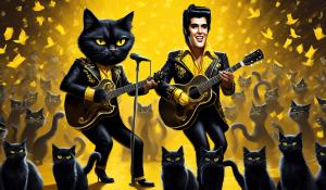 draw a big black cat with big yellow eyes dressed as elvis presley with an Elvis hairdo singing elvis songs with a backing chorus of female cats with adoring fans at his feet