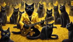 draw a big black cat with big yellow eyes dressed as elvis presley with an Elvis hairdo singing elvis songs with a backing chorus of female cats with adoring fans at his feet