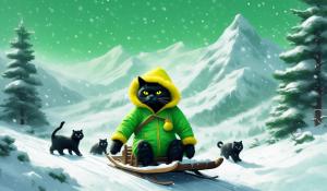 draw a big black cat with big yellow eyes dressed in a bright green snowsuit wait a toque on his head riding a sled with pandas on it also down a hillside in a blizzard