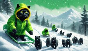 draw a big black cat with big yellow eyes dressed in a bright green snowsuit wait a toque on his head riding a sled with pandas on it also down a hillside in a blizzard