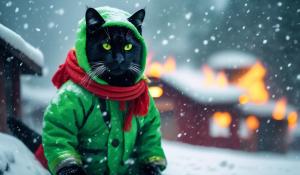 draw a big black cat with big yellow eyes dressed in a bright green snowsuit wait a toque on his head riding a fiery tobaggan with pandas wearing red scarves also riding on it behing him  also down a hillside in a blizzard