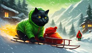 draw a big black cat with big yellow eyes dressed in a bright green snowsuit with a toque on his head riding a fast fiery toboggan down a hillside in a blizzard with pandas wearing red scarves riding behind the cat 