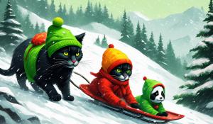 draw a big black cat with big yellow eyes dressed in a bright green snowsuit with a toque on his head riding a fast fiery toboggan down a hillside in a blizzard with pandas wearing red scarves riding behind the cat 