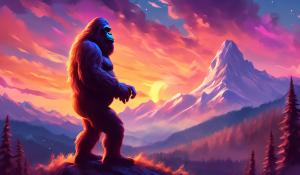 Sassy the sasquatch on mountain while smoking and looking out at a beautiful landscape with a sunset