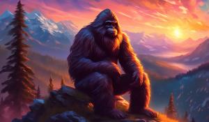 Sassy the sasquatch on mountain while smoking and looking out at a beautiful landscape with a sunset