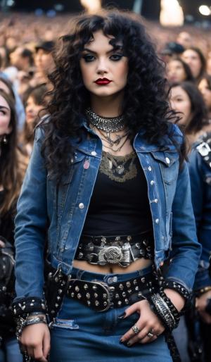 A small, petite heavy metal fan with long black curls, adorned in a thigh-length skirt, studded collar, studded bracelet, studded belt, and a lace mimitop and an open denim jacket stands in the front row of howling heavy metal fans