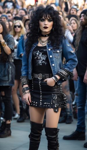 A small, petite heavy metal fan with long black curls, adorned in a thigh-length skirt, studded collar, studded bracelet, studded belt, and a lace mimitop and an open denim jacket stands in the front row of howling heavy metal fans