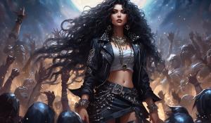 A small, petite heavy metal fan with long black curls, adorned in a thigh-length skirt, studded collar, studded bracelet, studded belt, and a lace mimitop and an open denim jacket stands in the front row of howling heavy metal fans