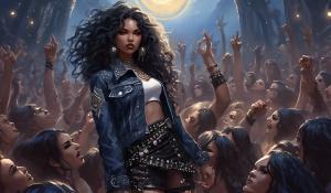 A small, petite heavy metal fan with long black curls, adorned in a thigh-length skirt, studded collar, studded bracelet, studded belt, and a lace mimitop and an open denim jacket stands in the front row of howling heavy metal fans