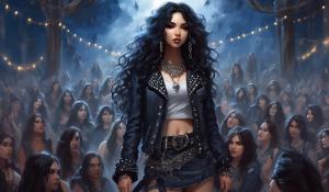 A small, petite heavy metal fan with long black curls, adorned in a thigh-length skirt, studded collar, studded bracelet, studded belt, and a lace mimitop and an open denim jacket stands in the front row of howling heavy metal fans