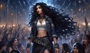 A small, petite heavy metal fan with long black curls, adorned in a thigh-length skirt, studded collar, studded bracelet, studded belt, and a lace mimitop and an open denim jacket stands in the front row of howling heavy metal fans