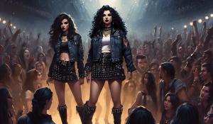 A small, petite heavy metal fan with long black curls, adorned in a thigh-length skirt, studded collar, studded bracelet, studded belt, and a lace mimitop and an open denim jacket stands in the front row of howling heavy metal fans