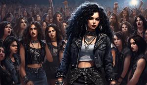 A small, petite heavy metal fan with long black curls, adorned in a thigh-length skirt, studded collar, studded bracelet, studded belt, and a lace mimitop and an open denim jacket stands in the front row of howling heavy metal fans