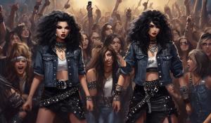 A small, petite heavy metal fan with long black curls, adorned in a thigh-length skirt, studded collar, studded bracelet, studded belt, and a lace mimitop and an open denim jacket stands in the front row of howling heavy metal fans