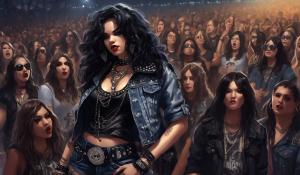 A small, petite heavy metal fan with long black curls, adorned in a thigh-length skirt, studded collar, studded bracelet, studded belt, and a lace mimitop and an open denim jacket stands in the front row of howling heavy metal fans