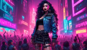 A small, petite heavy metal fan with long black curls, adorned in a thigh-length skirt, studded collar, studded bracelet, studded belt, and a lace mimitop and an open denim jacket stands in the front row of howling heavy metal fans