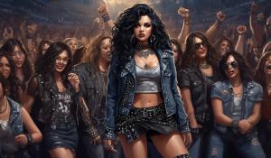 A small, petite heavy metal fan with long black curls, adorned in a thigh-length skirt, studded collar, studded bracelet, studded belt, and a lace mimitop and an open denim jacket stands in the front row of howling heavy metal fans