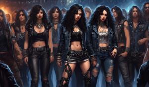 A small, petite heavy metal fan with long black curls, adorned in a thigh-length skirt, studded collar, studded bracelet, studded belt, and a lace mimitop and an open denim jacket stands in the front row of howling heavy metal fans