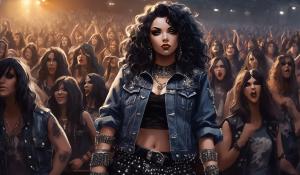 A small, petite heavy metal fan with long black curls, adorned in a thigh-length skirt, studded collar, studded bracelet, studded belt, and a lace mimitop and an open denim jacket stands in the front row of howling heavy metal fans