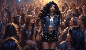 A small, petite heavy metal fan with long black curls, adorned in a thigh-length skirt, studded collar, studded bracelet, studded belt, and a lace mimitop and an open denim jacket stands in the front row of howling heavy metal fans