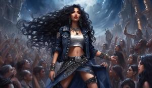 A small, petite heavy metal fan with long black curls, adorned in a thigh-length skirt, studded collar, studded bracelet, studded belt, and a lace mimitop and an open denim jacket stands in the front row of howling heavy metal fans