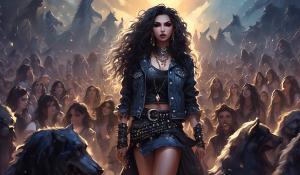 A small, petite heavy metal fan with long black curls, adorned in a thigh-length skirt, studded collar, studded bracelet, studded belt, and a lace mimitop and an open denim jacket stands in the front row of howling heavy metal fans