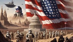 Please create me an image using political symbolism comparing the United States with the Empire from Star Wars in how they are imperialist and oppressive