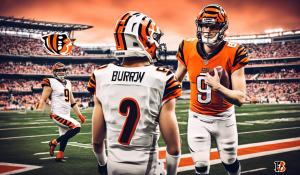 Cincinnati Bengals stadium with joe burrow with the number 9 on the back of his jersery standing strong