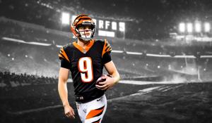 Cincinnati Bengals stadium with joe burrow with the number 9 on the back of his jersery standing strong