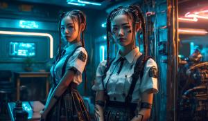 Cyborg girl as housekeeper and school girl in a dystopian future. Facial expression is deprisive, pleated skirt, twin braids, 1girl, high detail, maid, cyberpunk,masterpiece, best quality, 8k, intricate details, high detail, soft lighting, Realistic, CyberpunkAI, neon, <lora:CyberPunkAI:0.8>