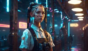 Cyborg girl as housekeeper and school girl in a dystopian future. Facial expression is deprisive, pleated skirt, twin braids, 1girl, high detail, maid, cyberpunk,masterpiece, best quality, 8k, intricate details, high detail, soft lighting, Realistic, CyberpunkAI, neon, <lora:CyberPunkAI:0.8>